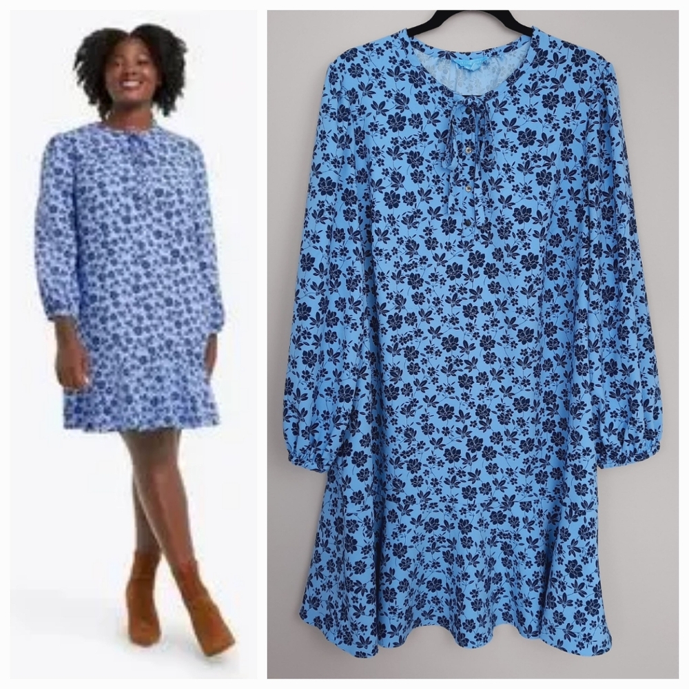 Draper James Roseanne Shift Peasant Dress in Bluebell Magnolia Floral Print 1X